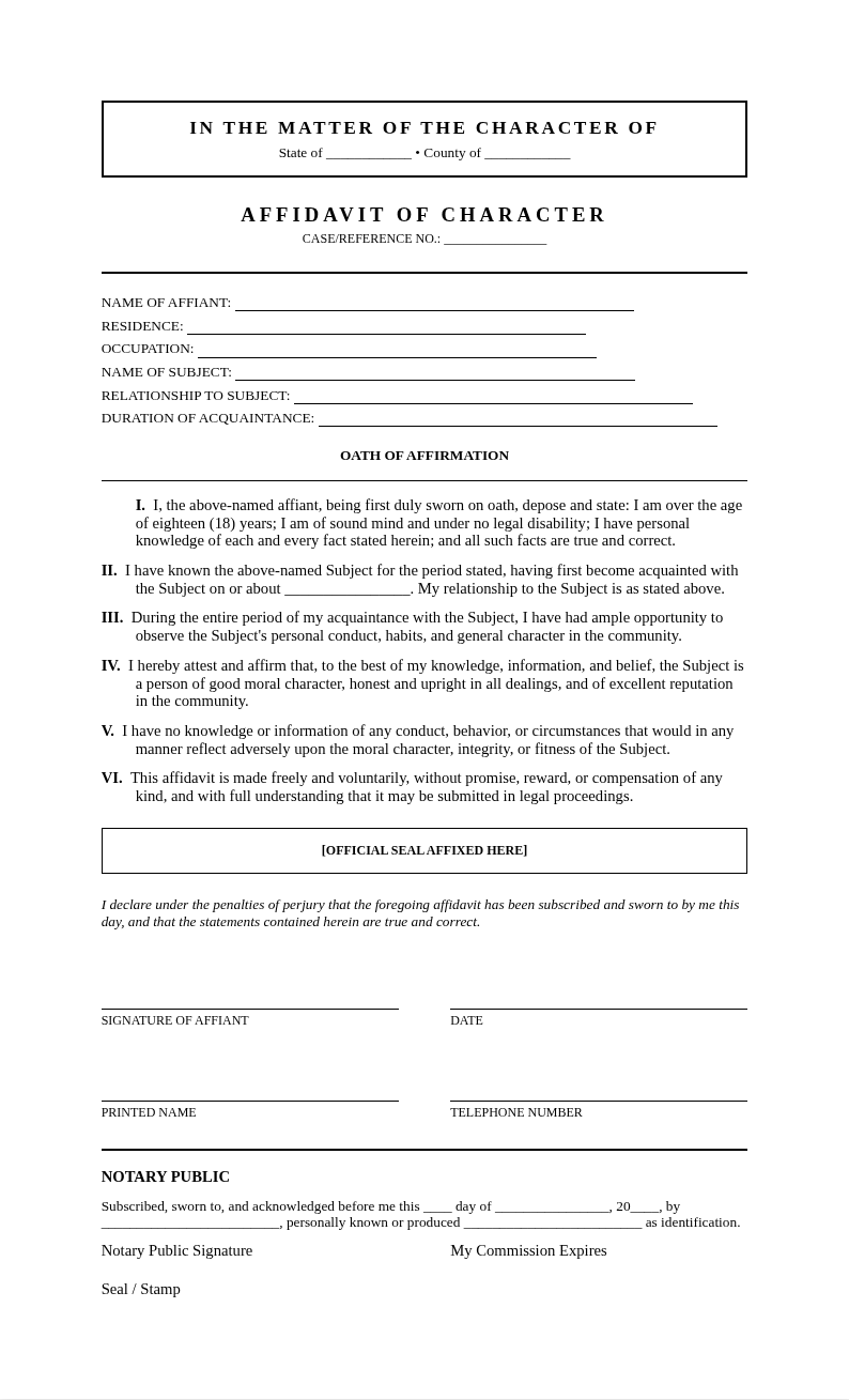 Government Official Affidavit of Character
